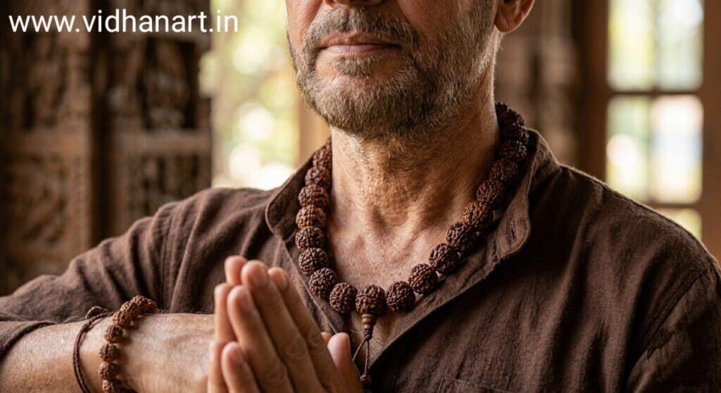 Person wearing Rudraksha mala for meditation and daily use