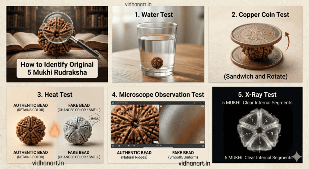 Rudraksha authenticity testing: water test, copper coin test, X-ray view, and close-up surface check in a single image