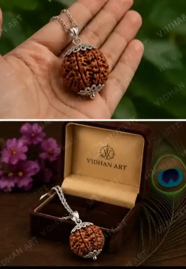 Premium 10 Mukhi Rudraksha wearable bead styled in a luxury boutique setting