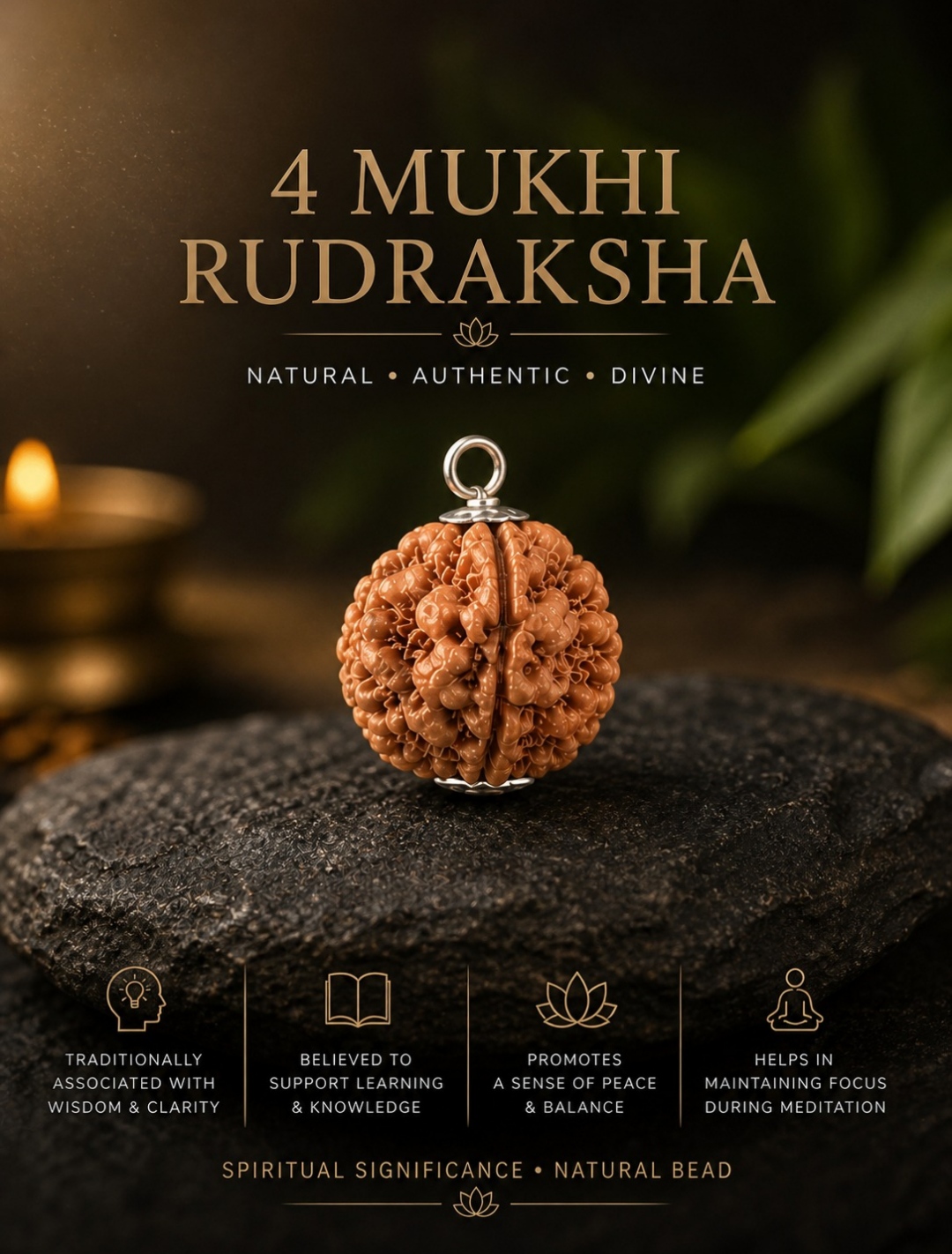 Natural 4 face Nepali Rudraksha bead close-up view