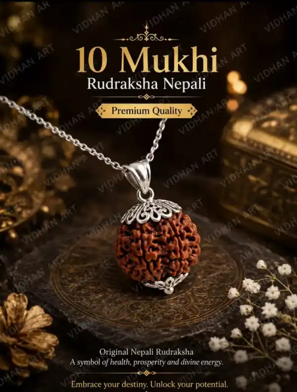 Authentic 10 Mukhi Rudraksha bead showing ten natural mukhi lines clearly on a clean background.