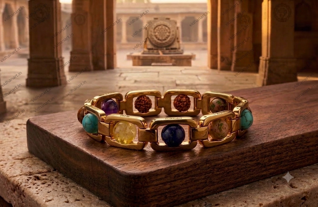 7 Chakra Bracelet with Rudraksha in gold metal featuring Amethyst, Tiger Eye, Lapis Lazuli, Green Aventurine, Red Carnelian, Citrine and Turquoise