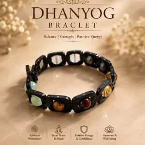 Black Metal Dhan Yog Bracelet with Pyrite Tiger Eye Citrine Quartz and Green Aventurine
