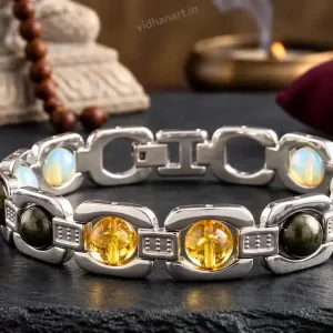 Metal Dhan Yog Bracelet in silver with Tiger Eye, Pyrite, Citrine, Quartz and Green Aventurine