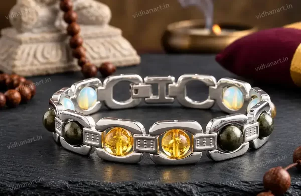 Metal Dhan Yog Bracelet in silver with Tiger Eye, Pyrite, Citrine, Quartz and Green Aventurine
