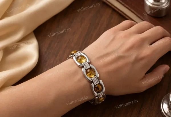 Dhan Yog Bracelet worn on wrist with Tiger Eye, Pyrite, Citrine, Quartz and Green Aventurine